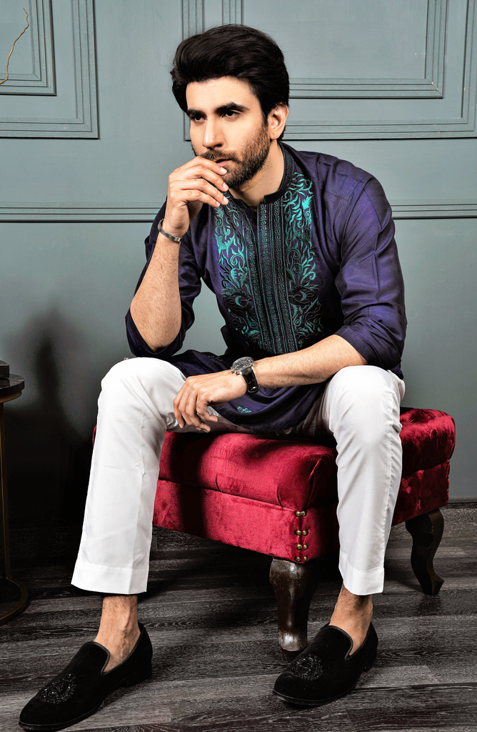 ER 621 Navy Blue Embroidery Kurta Pajama With Trousers