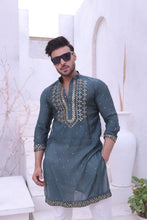 Load image into Gallery viewer, ER MR 38 Green Mirror Work Self Cotton Silk Fabric Kurta Pajama Mirror Work For Men