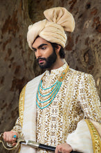 Load image into Gallery viewer, Saphire Gold Sherwani With Turban Shawl And Kurta Pajam