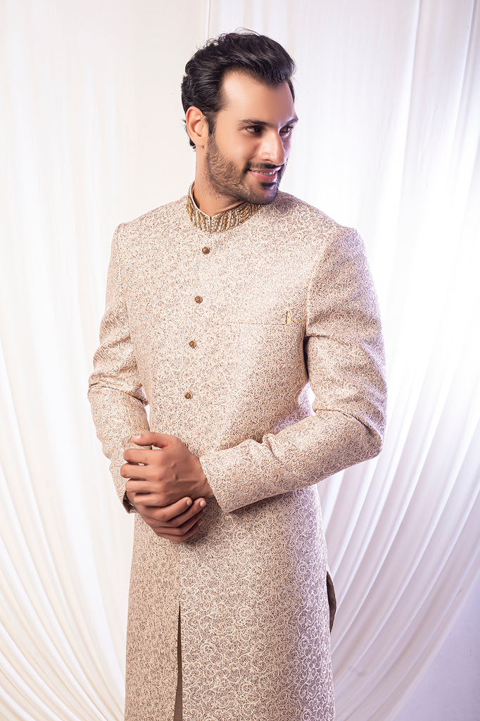 Silverish Gold Sherwani With antique Work Sherwani FOr Groom