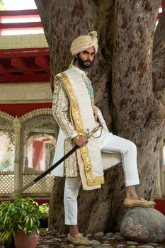 Saphire Gold Sherwani With Turban Shawl And Kurta Pajam