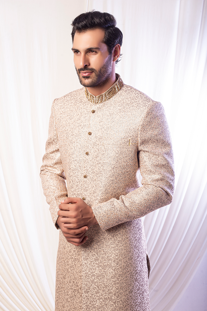 Silverish Gold Sherwani With antique Work Sherwani FOr Groom