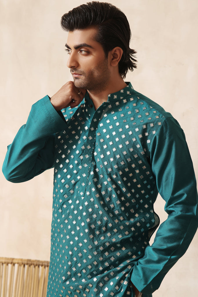 ER KH 658 Peacock Blue Cotton Silk Resham and Mirror Embroidery Kurta pajama For Menrs