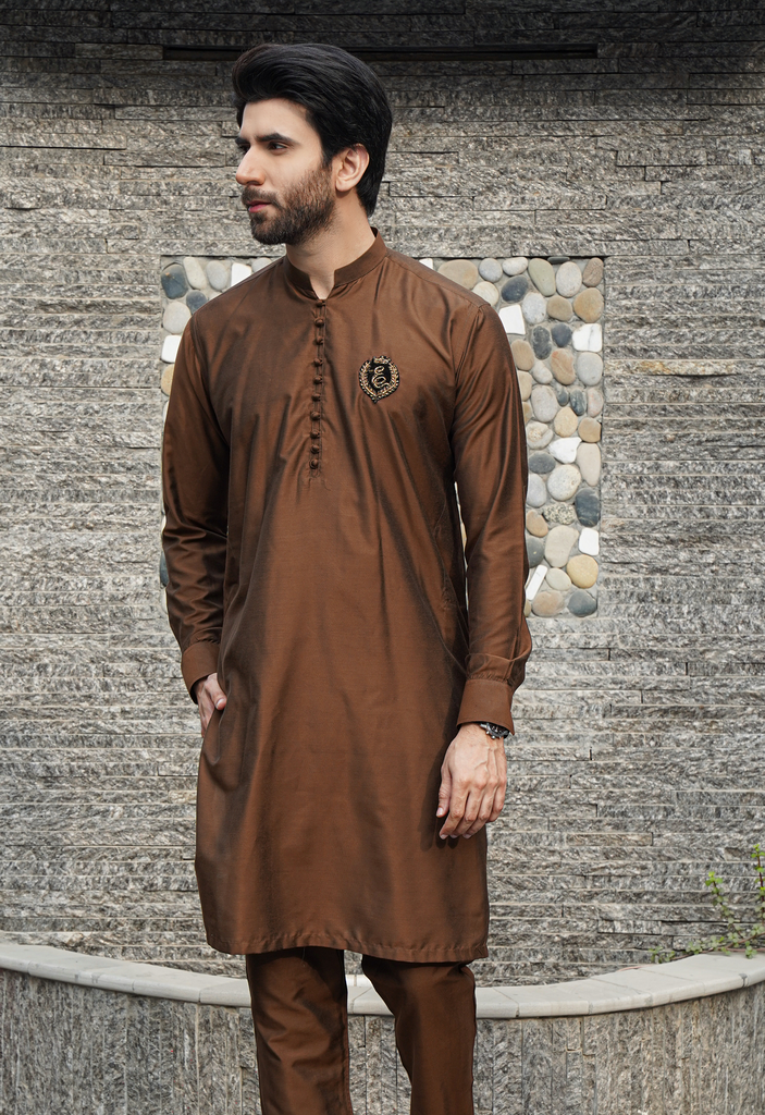 ER 577 Brown Raw silk Kurta and Trouser with Signature Logo