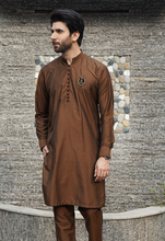 Load image into Gallery viewer, ER 577 Brown Raw silk Kurta and Trouser with Signature Logo