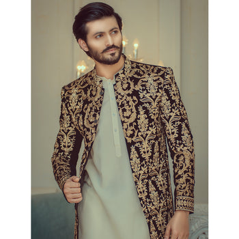 GoldCopper Velvet Embroided Sherwani For Wedding