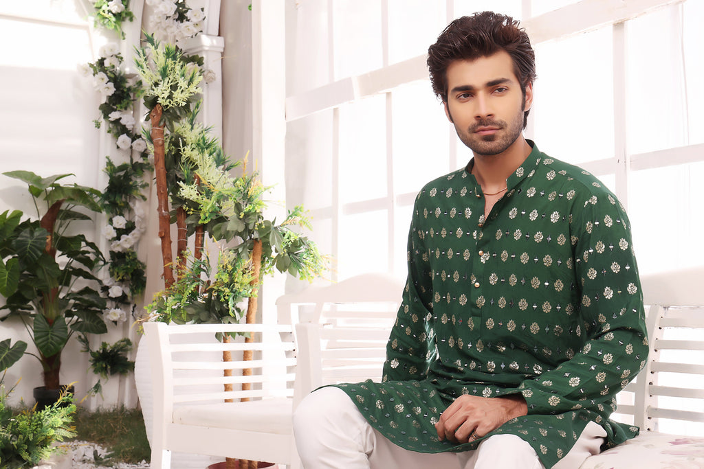 ER MR 26 Green Mirror Embroidery Self Cotton Silk Fabric Kurta Pajama Mirror Work For Men