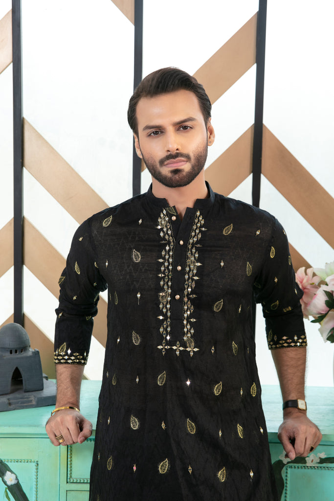 ER MR 34 Black Mirror Embroidery Kurta Pajama