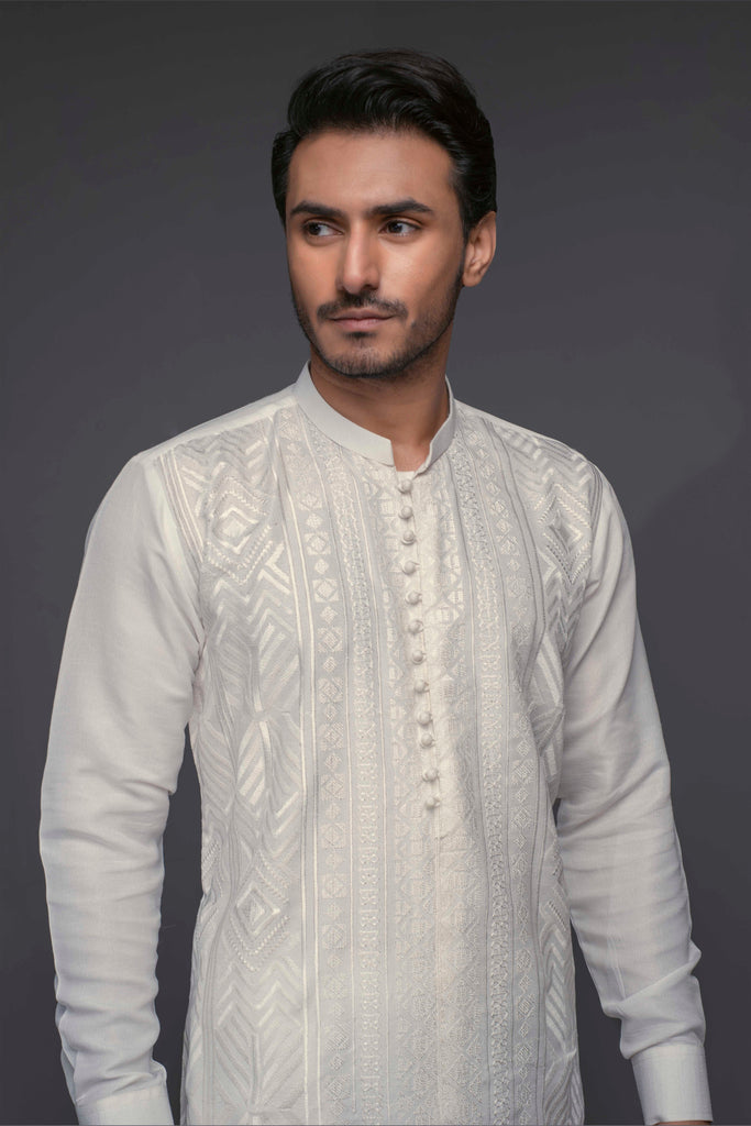 ER 519 White Geometric EMbroided Front Open Style Kurta Pajama