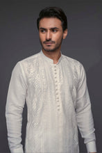 Load image into Gallery viewer, ER 519 White Geometric EMbroided Front Open Style Kurta Pajama