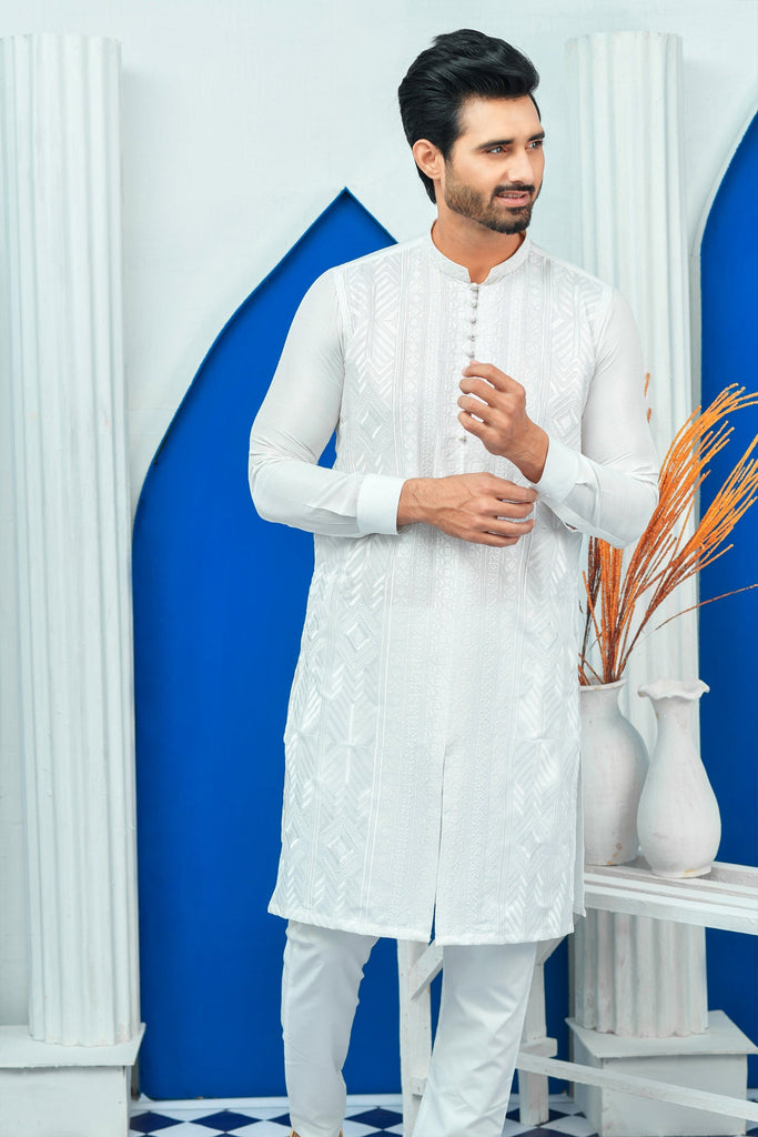 Front Open Chicken Kari EMB ED 104 White Sherwani Style Embroided Series Kurta Pajama