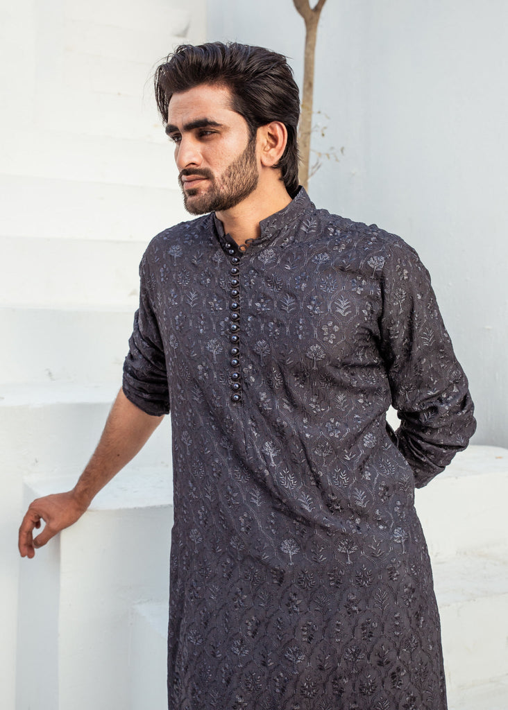 CK 721 Grey ChickanKari Kurta Pajama For Men