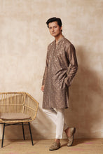 Load image into Gallery viewer, ER KH 652 Fawn Brown Cotton Silk Resham and Mirror Embroidery Kurta pajama For Men