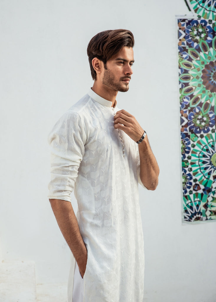 CK 723 White Chicken Kari Kurta Pajama For Men