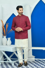 Load image into Gallery viewer, ER PC 2030 Maroon on Maroon elegant embroided Kora Dabka Work on Collar with Hand Finished Buttons Prince Coat