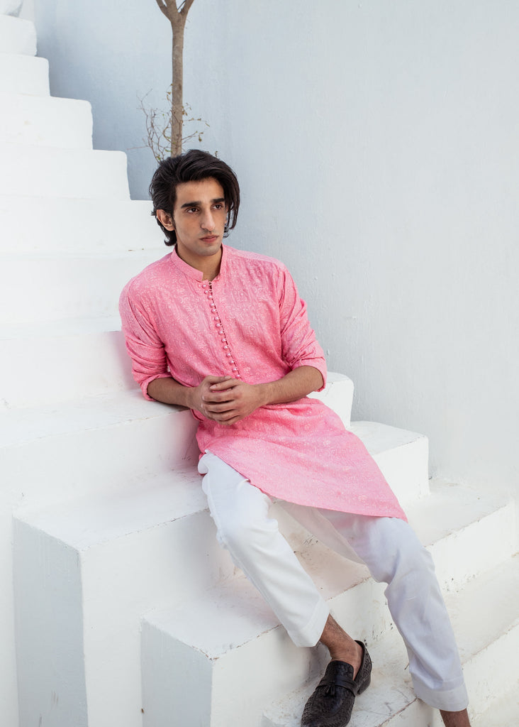 CK 722 Pink ChickanKari Kurta Pajama For Men