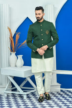 Load image into Gallery viewer, ER PC 2035 Green Exclusive Raw Silk Checkered Prince Coat with Front Logo