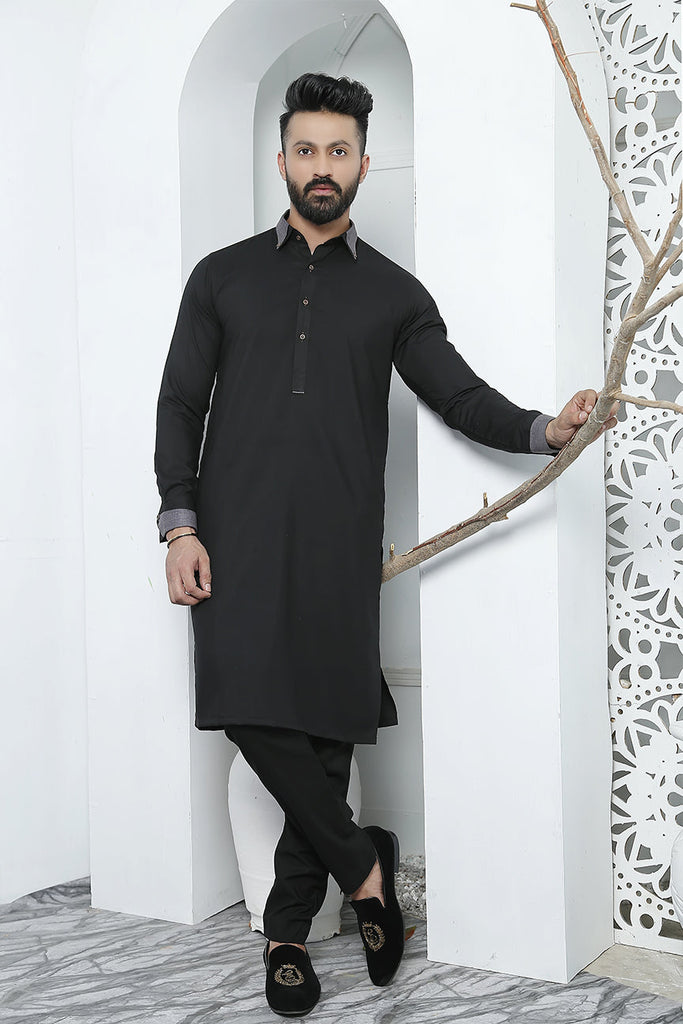 ER 487 Black Cut Collar Edge Republic Kurta Pajama For Men