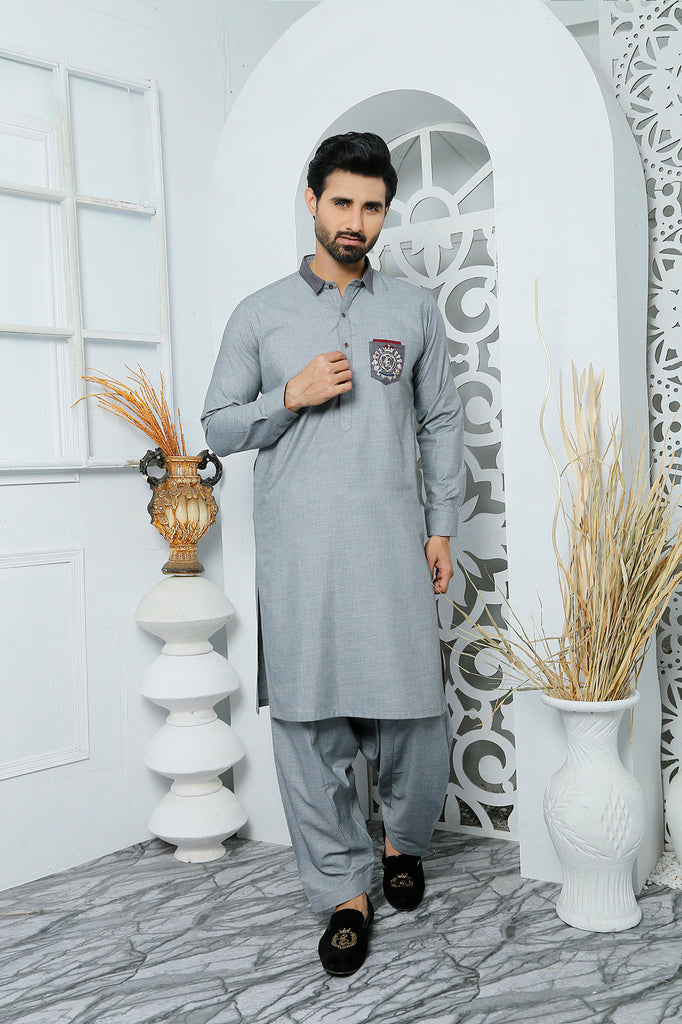 ER 477 Grey Shemrik Edge Republic Kurta Shalwar For Men With Monogram Emroided on Pocket