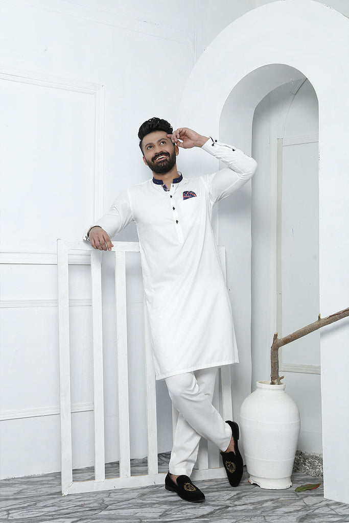 ER 468 White Edge Republic Kurta Pajama For Men with Removable Pocket Square