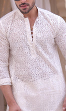 Load image into Gallery viewer, ER MR 40 White Chicken Kari See Through Fabric Kurta Pajama Mirror Work For Men