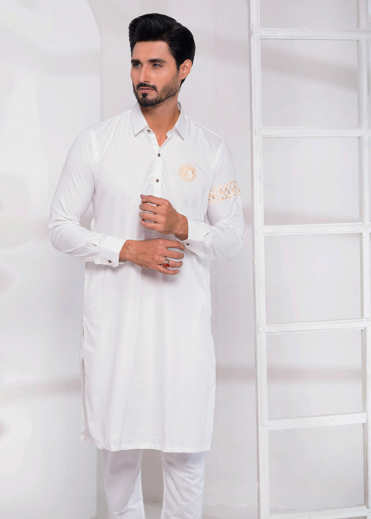 ER 534 Edge Kurta Shalwar Off white With Logo and Emboided SLeeves