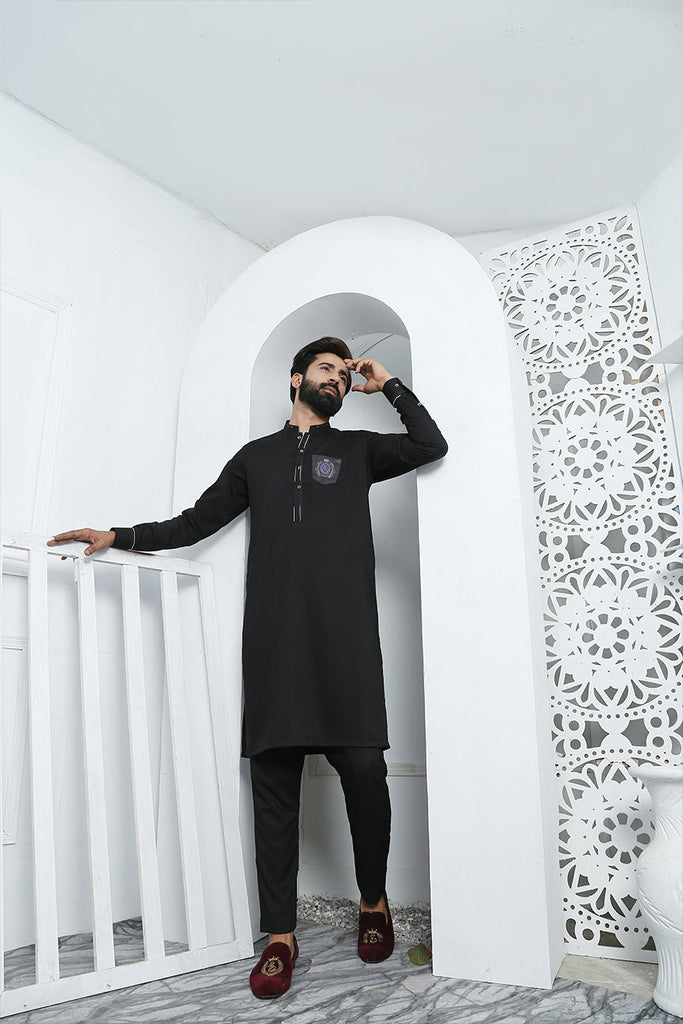 ER 467 black Edge Republic Kurta Pajama For Men With Monogram Printed on Pocket