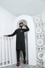 Load image into Gallery viewer, ER 467 black Edge Republic Kurta Pajama For Men With Monogram Printed on Pocket