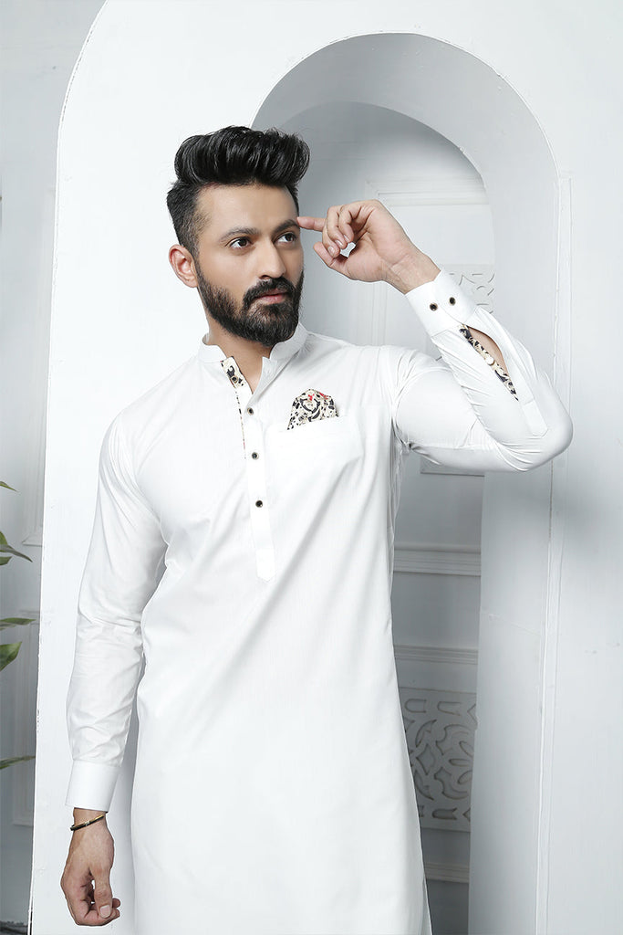 ER 474 White Edge Republic Kurta Pajama For Men with removable Pocket Square