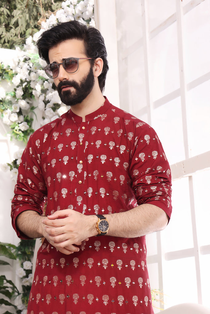 ER MR 30 Red Mirror  Embroidery Self Cotton Silk Fabric Kurta Pajama Mirror Work For Men