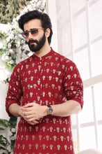 Load image into Gallery viewer, ER MR 30 Red Mirror  Embroidery Self Cotton Silk Fabric Kurta Pajama Mirror Work For Men