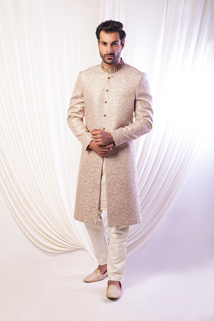 Silverish Gold Sherwani With antique Work Sherwani FOr Groom