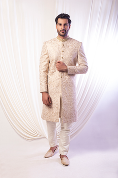 Perfect Gold With Gold Work Sherwani For Groom