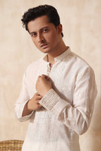 Load image into Gallery viewer, ER KH 656 Off White cotton Irish kurta and pajama set, with heavily embroidered placket and embroidered band collar