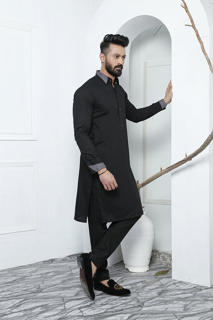 ER 487 Black Cut Collar Edge Republic Kurta Pajama For Men