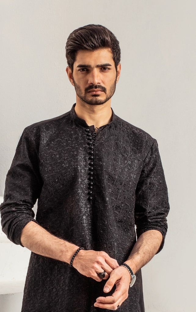 CK 719 Black ChickanKari Kurta Pajama For Men