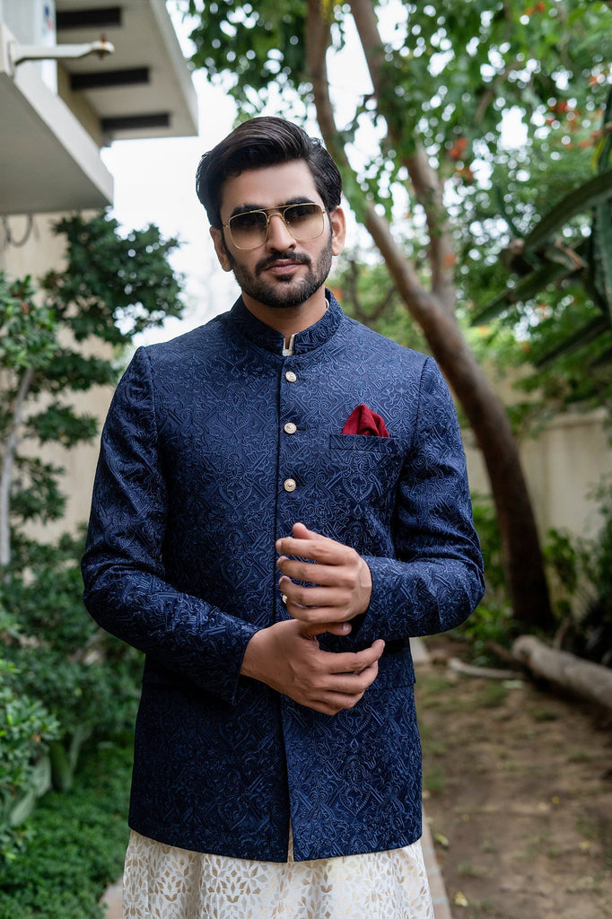 ER 2082 Navy BLue Chicken Embroidery wedding Prince Coat