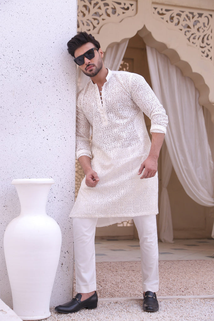 ER MR 40 White Chicken Kari See Through Fabric Kurta Pajama Mirror Work For Men