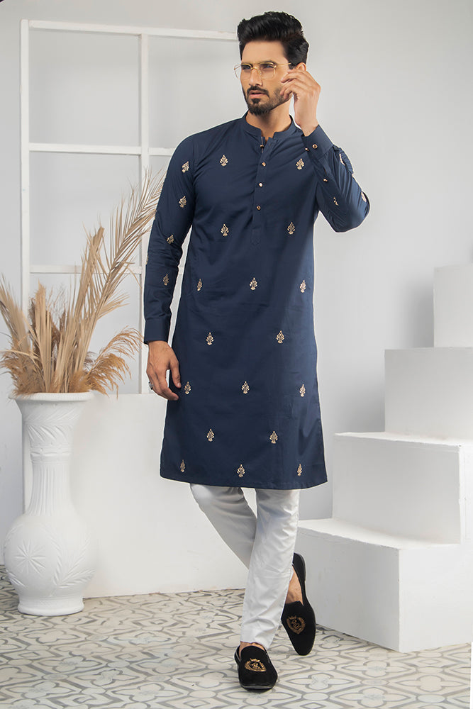 ER 525 Blue WIth Gold EMbroided Kurta And Off White Trouser