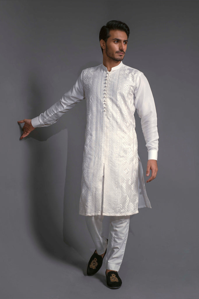 ER 519 White Geometric EMbroided Front Open Style Kurta Pajama