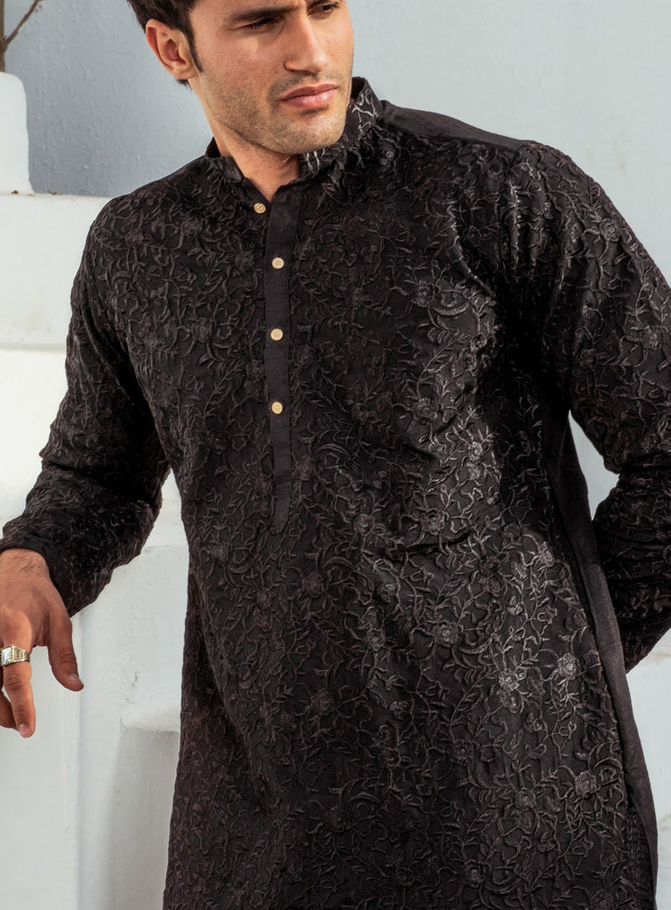 CK 720 Black ChickanKari Kurta Pajama For Men