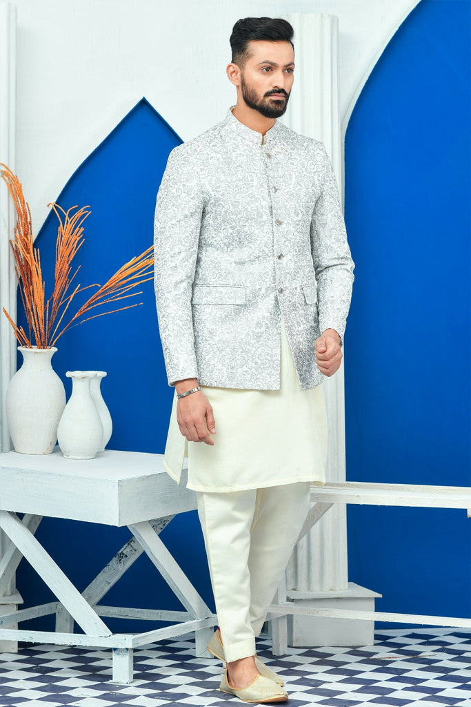 ER PC 2023 White & Silver Zari Work  Prince Coat