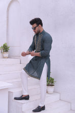 Load image into Gallery viewer, ER MR 38 Green Mirror Work Self Cotton Silk Fabric Kurta Pajama Mirror Work For Men