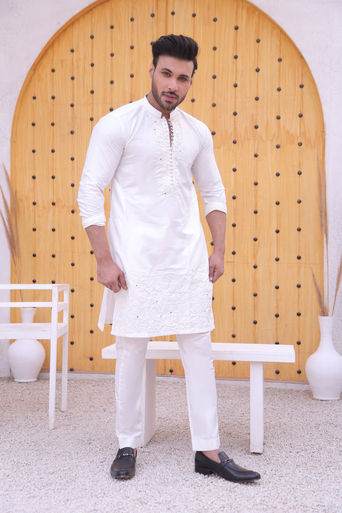 ER MR 39 White Mirror Work Loop Button Kurta Pajama Mirror Work For Men