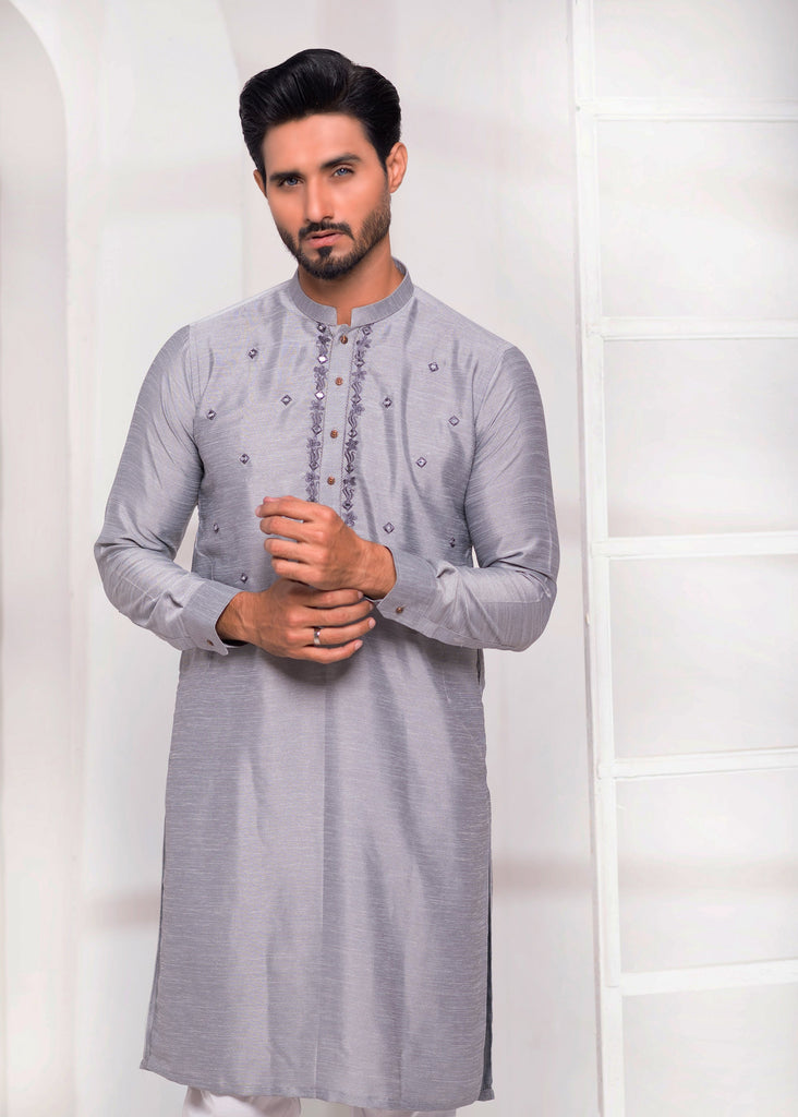 ER EMB 531 Grey Raw silk Mirror Embroidery Kurta Pajama