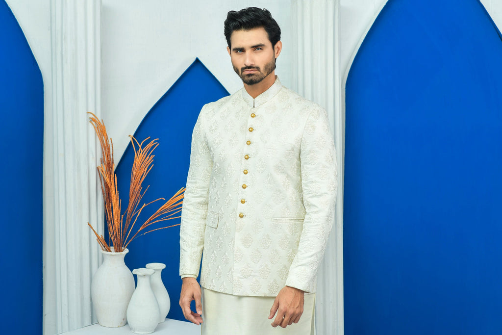 ER PC 2025 White Jamawar Boti Work Prince Coat