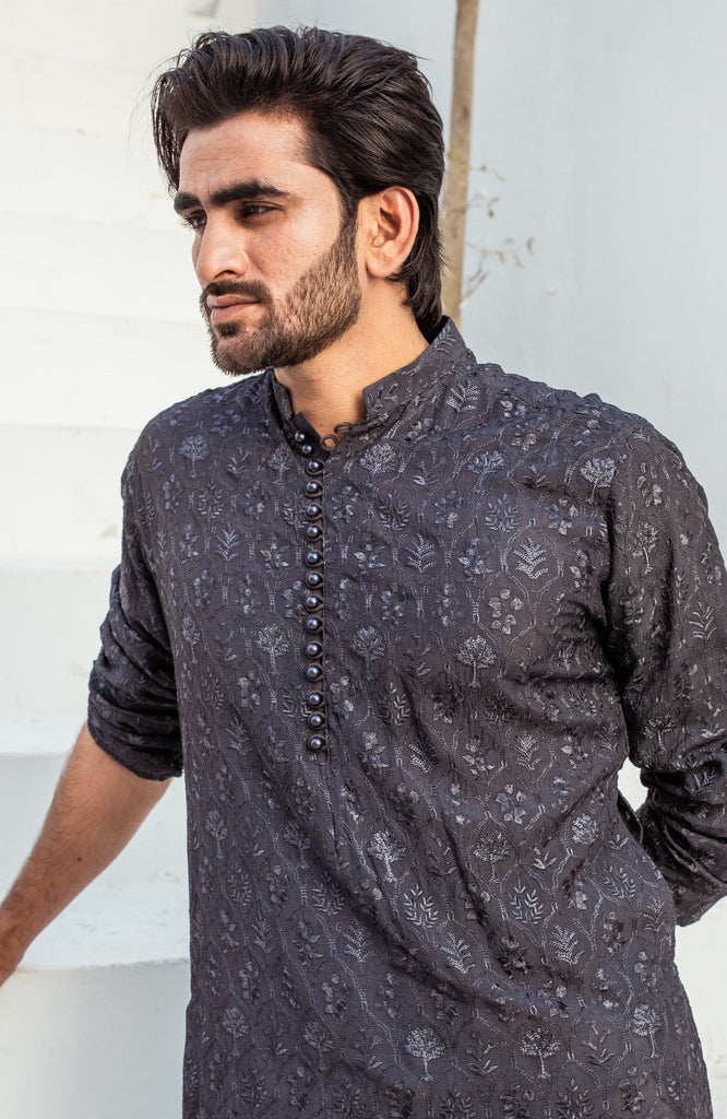 CK 721 Grey ChickanKari Kurta Pajama For Men