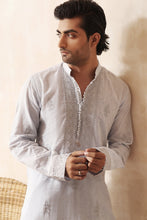 Load image into Gallery viewer, ER KH 659 Sky blue cotton Irish kurta and pajama set, with heavily embroidered placket and embroidered band collar