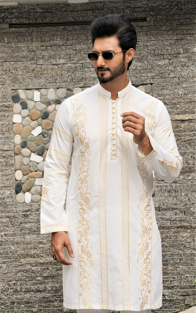 ER 585 White Kurta Pajama With Gold Embroidery