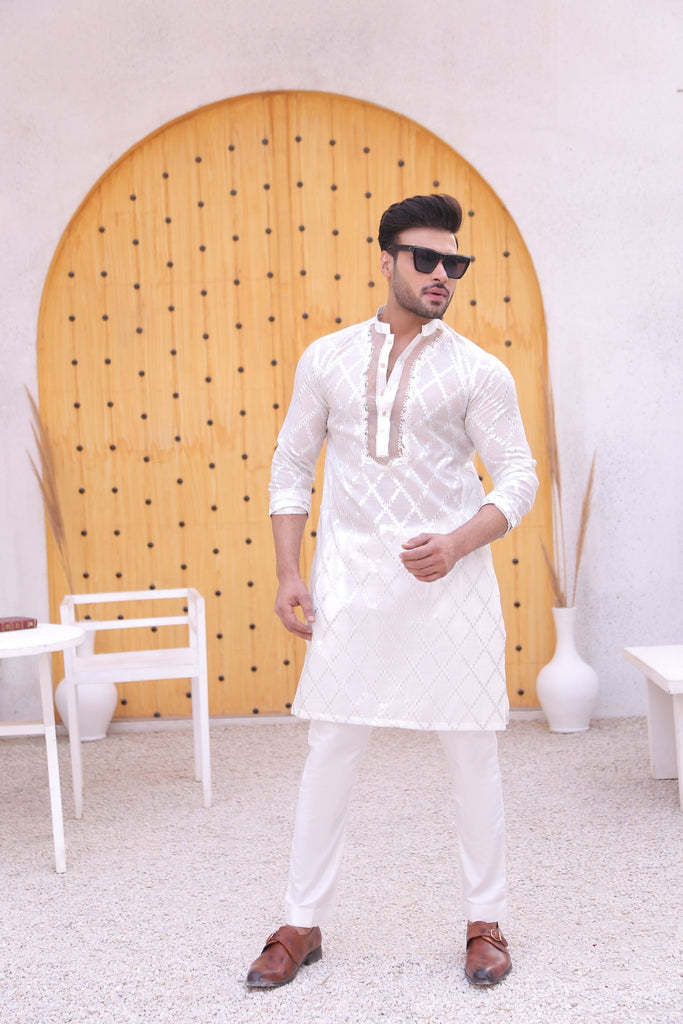 ER MR 42 White Cutt Work Self Cotton Silk Fabric Kurta Pajama Mirror Work For Men